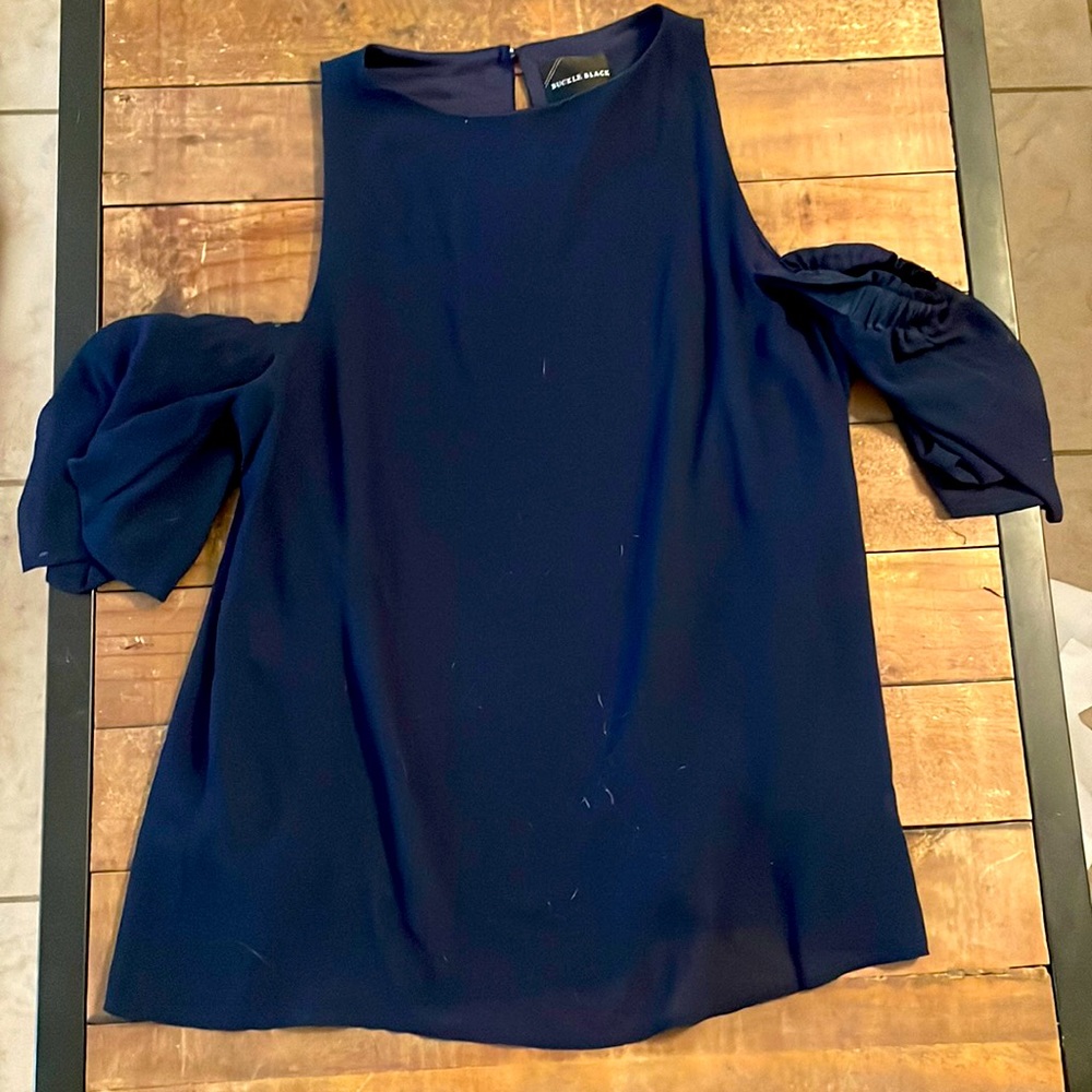 Navy blue buckle black dress blouse